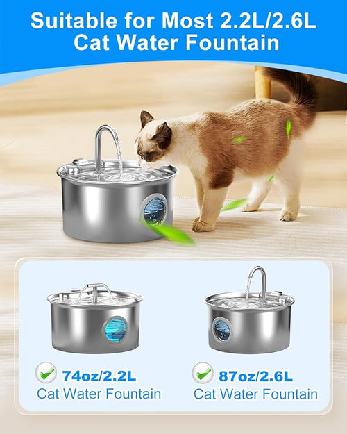 8+8 Pack Cat Water Fountain Filter Replacement Compatible with 74oz/2.2L, 87oz/2.6L Cat Water Fountain Stainless Steel, Activated Carbon Filter and Ultra-fine Fiber
