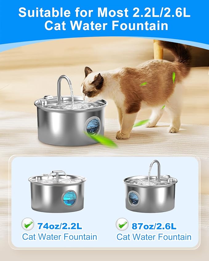 Cat Water Fountain Filters Compatible with 74oz/2.2L Compatible with 87oz/2.6L Stainless Steel Cat Water Fountains, 6 Carbon Filters + 6 Ultra-fine Fiber for Clean & Fresh