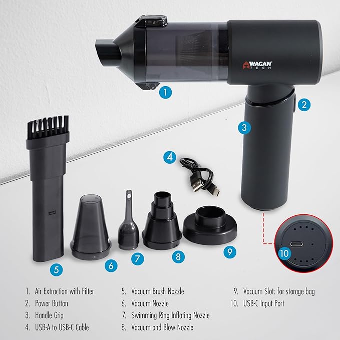 Wagan EL7209 Cordless Car Vacuum with Air Blower, Brushless Motor 16000Pa Strong Suction, Rechargeable Mini Handheld Vacuum Cleaner with USB-C, Portable Dust Cleaner and Blower for Car, Home, Office