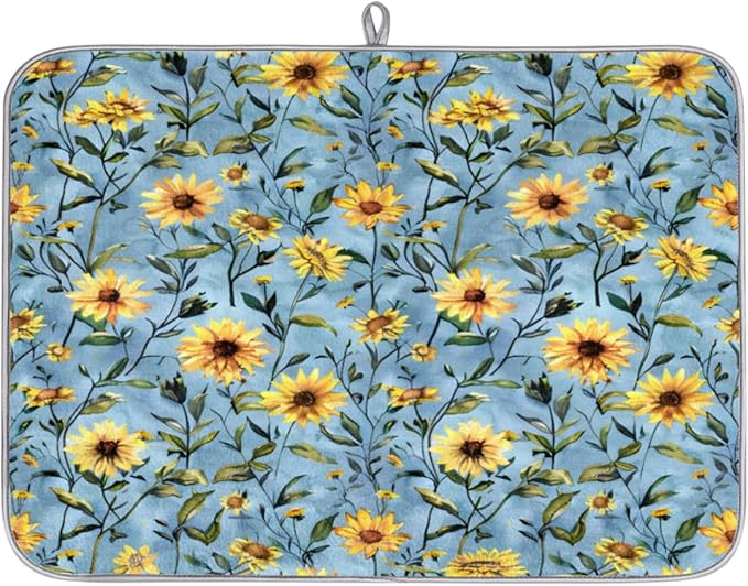Hexteria Sunflower Dish Drying Mats for Kitchen Counter, Quick Dry Dish Mat 16 x 18 Inches, Dishes Draining Mats Foldable Dish Rack Pad, Sunflower
