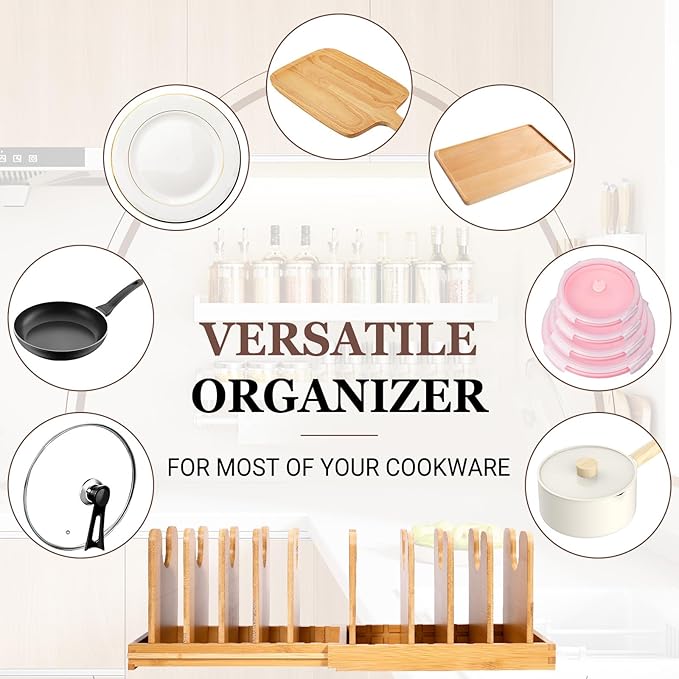 Bambition Bamboo Pot Lid Organizer, Pots and Pans Organizer Inside Cabinet, Pot Lids holder for Kitchen Countertop