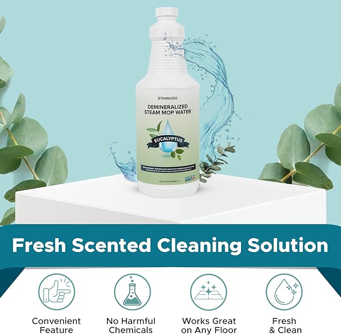 Steam & Go Demineralized Water Cleaning Solution for Floor & Multi-Surface Steam Cleaners - Compatible for All Steam Mops - Eucalyptus Mint Scent, 32 oz