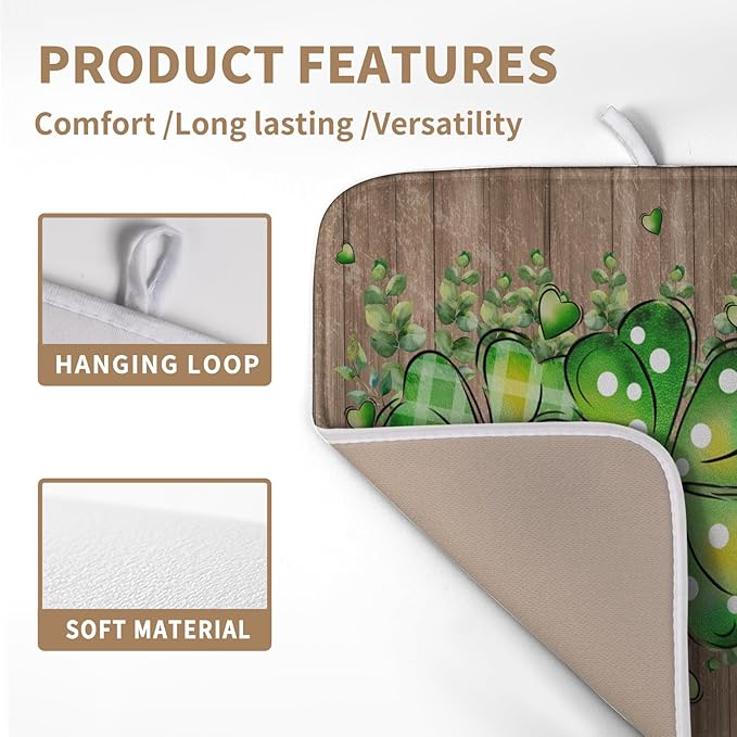 Wnoesat St Patricks Day Wooden Plank Shamrock Drying Mat for Kitchen Counter St Patrick Eucalyptus Leaves Clover Dish Drainer Mats Absorbent Microfiber Dishes Pad Reusable Washable Dry Mat 16x18 Inch