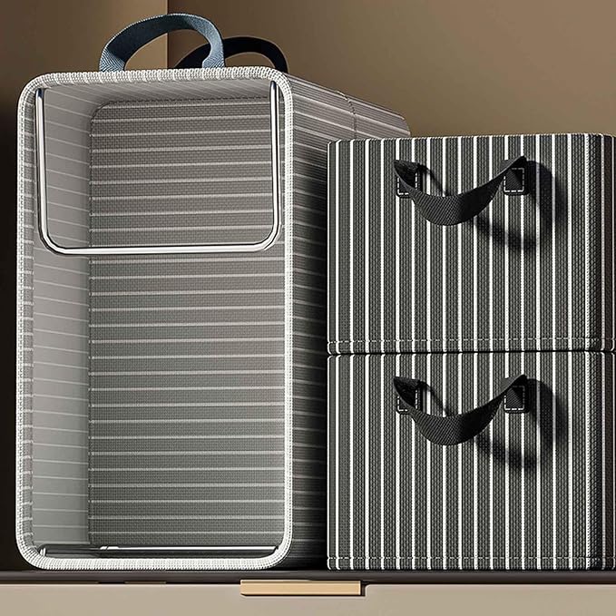 4PCS Closet Clothes Organizer Dustproof Sturdy Storage Baskets Bins 26L Foldable Shelf Containers Bin Support Boards Dust Lid Steel Frame for Sweater Pants T-shirt Dress (Gray-white Stripes - No Lid)