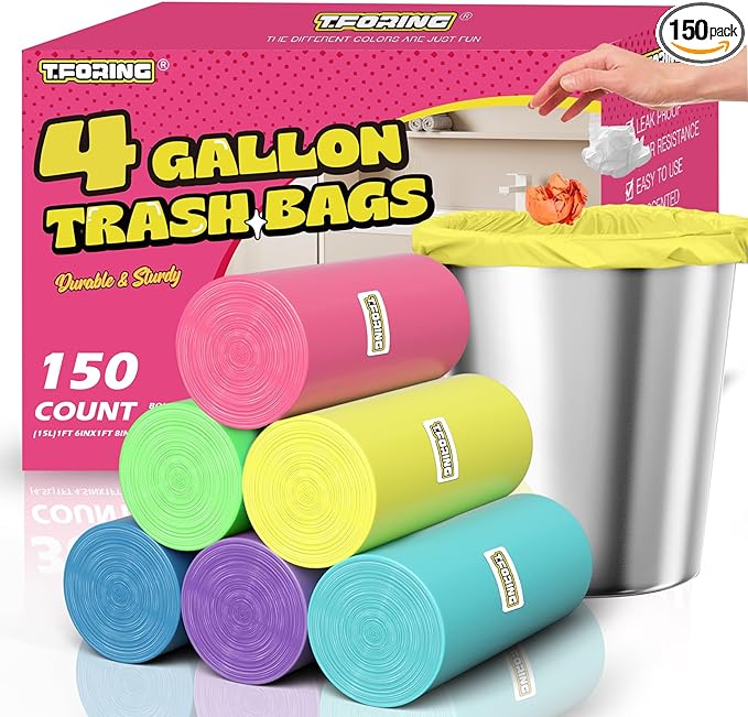 T.FORING 150 Count 4 Gallon Small Trash Bags - Colored Bathroom Garbage Bags Unscented Leak-proof, 15 Liter Plastic Wastebasket Can Liners for Office Bedroom Toilet and Car
