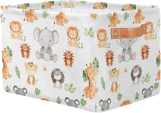 Cartoon Animal Storage Basket for Shelves, Storage Bins with Handles, Collapsible Basket for Organizing, Closet Toy Baskets for Nursery Room, 15x11x9.5 in, Canvas, Woodland Animals