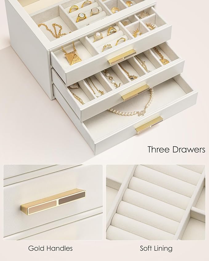 Vlando Jewelry Box for Women Girls,Jewelry Organzier,3 Drawers,Glass Lid Jewelry Organizer Storage for Gem Diamond Necklaces Rings Earrings Bracelets White