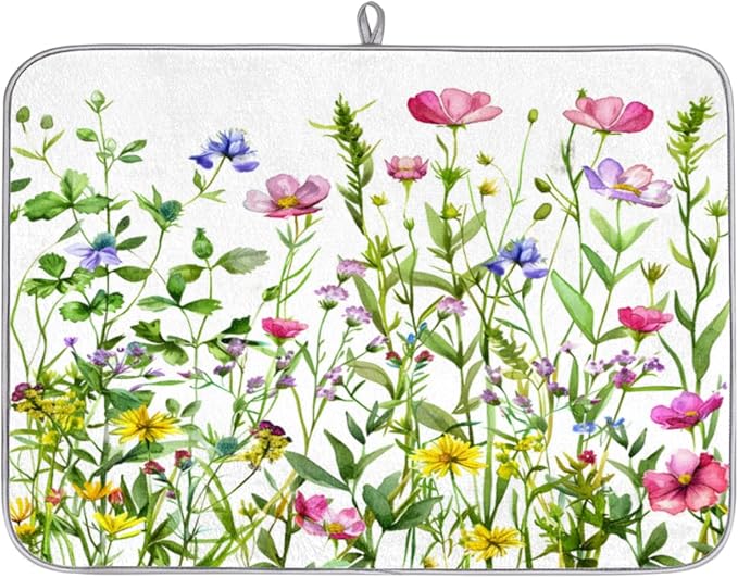 Hexteria Colorful Flowers Dish Drying Mats for Kitchen Counter 16 X 18 Inch Spring Floral Microfiber Dish Mat, Dish Drainer Mats for Countertops, Wildflower