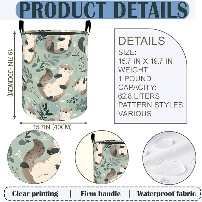 Otter Laundry Basket Hamper 19.7"x15.8", Cartoon Otter Foldable Waterproof Oxford Clothes Storage Bucket for Room Bathroom Bedroom Nursery Decor, Toy Organizer Bins Gifts for Kids Boys Girls