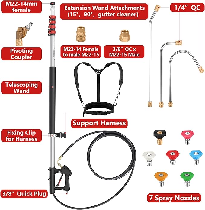24 FT Telescoping Pressure Washer Wand - Gutter Cleaner Attachment with Power Washer Extension Wands, 7 Spray Nozzle Tips, 3 Hose Adapters, Brush and Support Belt