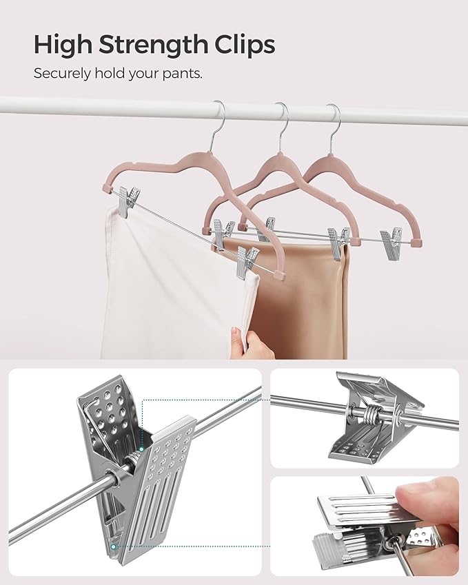 SONGMICS 30-Pack Pants Hangers, 16.7-Inch Long Velvet Hangers with Adjustable Clips, Heavy-Duty, Non-Slip Skirt Hangers, Space-Saving for Pants, Skirts, Coats, Dresses, Pale Brown UCRF012LB30