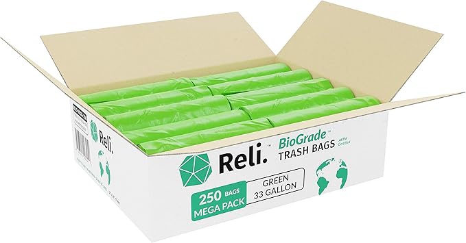 Reli. Biodegradable 33 Gallon Trash Bags | 250 Count Bulk | ASTM D6954 | Green | Eco-Friendly | Oxobiodegradable Under Certain Conditions (See Product Description)