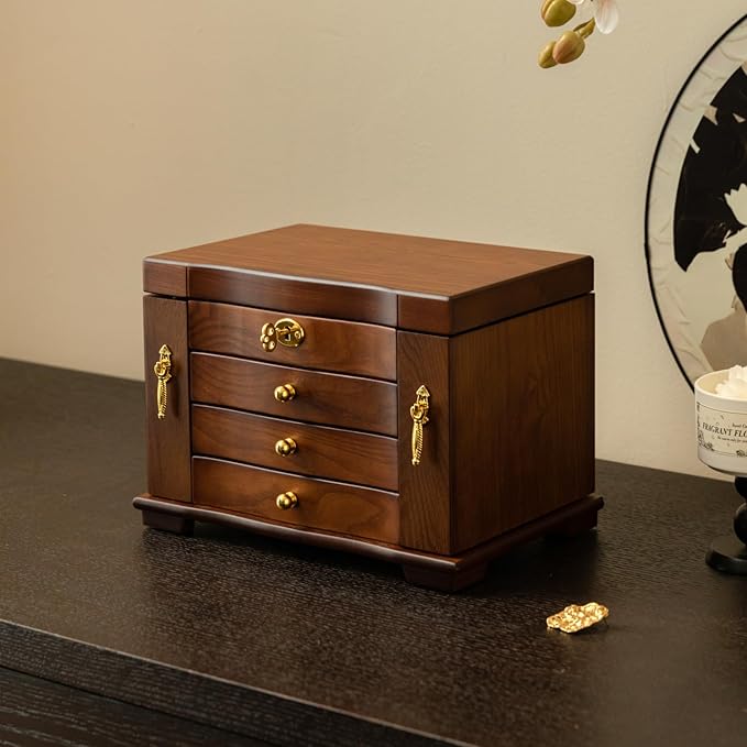 KINTNESS Black Walnut Wooden Jewelry Box with Lock - 3 Drawers Large Jewelry Organizer for Women Girls with 2 Side Storage Space and A Mirror, Jewelry Safe with Key for Bracelet, Necklace, Ring