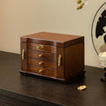 KINTNESS Black Walnut Wooden Jewelry Box with Lock - 3 Drawers Large Jewelry Organizer for Women Girls with 2 Side Storage Space and A Mirror, Jewelry Safe with Key for Bracelet, Necklace, Ring