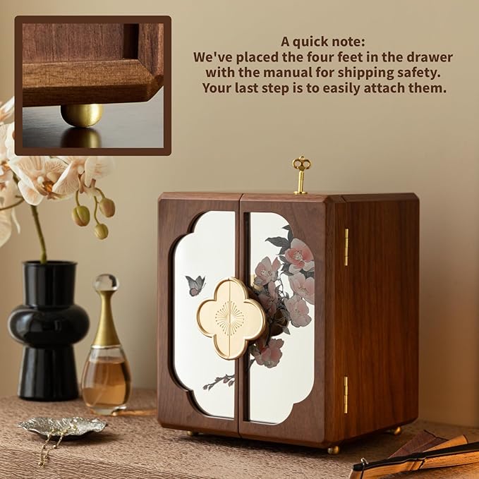 Kinsuite Black Walnut Jewelry Box - 5-tier Jewelry Organizer with Secure Double-Door, Safe with Lock for Earring, Ring, Necklace, Bracelets with Mirror
