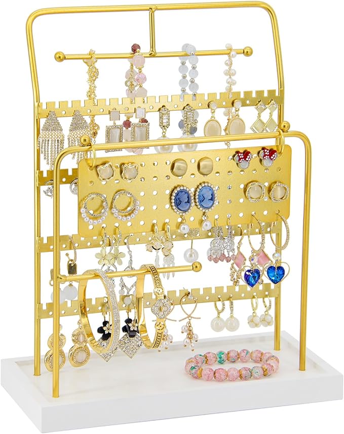 JONKASIPA Jewelry Organizer Stand Metal Jewelry Display Rack with Wooden Tray Necklace Stand Partitioned Storage for Rings, Earrings and Bracelets Jewelry Rack(Gold)