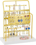 JONKASIPA Jewelry Organizer Stand Metal Jewelry Display Rack with Wooden Tray Necklace Stand Partitioned Storage for Rings, Earrings and Bracelets Jewelry Rack(Gold)