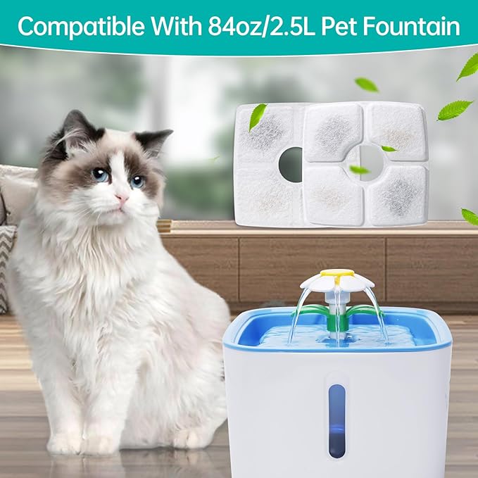 8-Pack Cat Water Fountain Filter Replacement & 8-Pack Pre-Filter Sponges for Square 84oz/2.5L Automatic Cat Fountain Dog Water Dispenser, Triple Filtration System Activated Carbon for Pet Fountain