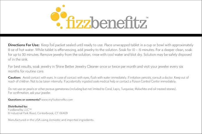 FizzBenefitz Shine Better Jewelry Cleaner - Restores Brightness to Gold, Diamond, Sterling Silver, Brass Jewelry and is The Perfect Solution for a Dirty Ring or Silverware - 10 Effervescent Tablets