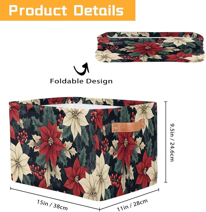 Storage Baskets Bin, Christmas Winter Poinsettia Collapsible Canvas Fabric Storage Bin Decorative Baskets Toy Organizer Rectangle Storage Boxes with Handles for Home Shelves Nursery, J-007