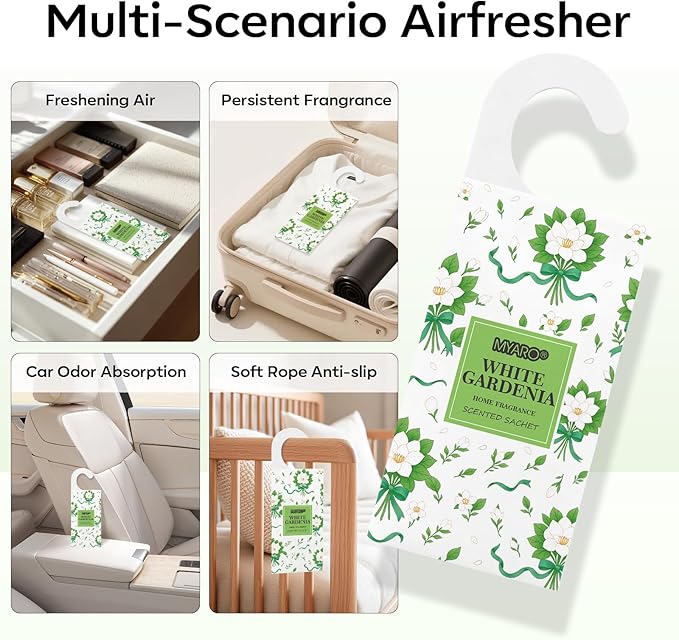 MYARO Large Hanging Sachets Scented for Home 12 Pcs Potpourri Bags Long Lasting Air Freshener for Closet Drawer Car House (White Gardenia)