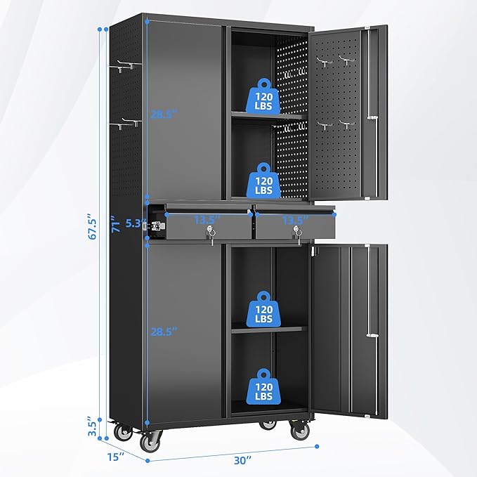 Metal Garage Storage Cabinet with 2 Drawers and 2 Adjustable Shelves, Rolling Tool Storage Cabinet with Wheels and Locking Doors for Garage, Warehouse, Black, Assembly Required
