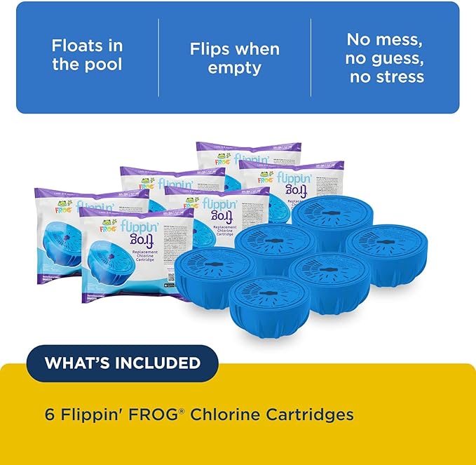 FROG Replacement Chlorine Cartridges for use with Flippin’ FROG Floating Sanitizer System - Prefilled Cartridges Support Easy Pool Maintenance and Cleaner & Clearer Water - 6 Pack