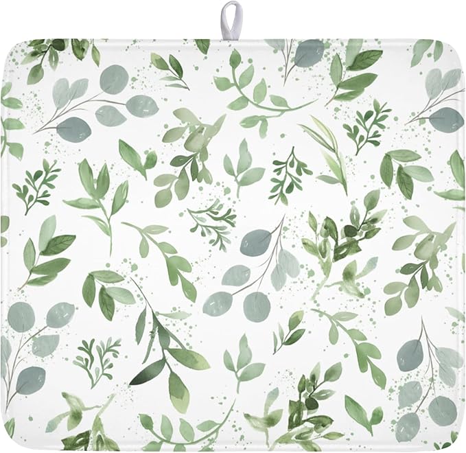 ABSOP Spring Summer Sage Green Leaves Dish Drying Mat 16 x 18 Inch Spring Eucalyptus Leaf Dish Drainer Rack Mat Absorbent Microfiber for Holiday Kitchen Coffee Dining Bar Decor