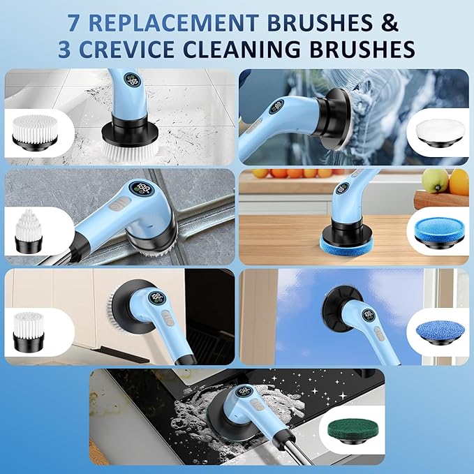 Electric Spin Scrubber Upgraded Battery with Extra-Long Runtime, IPX7 Waterproof Power Cleaner with 7 Brush Heads, 2 Speeds Adjustable Long Handle for Bathroom, Floor, Shower, Tile & Kitchen Cleaning