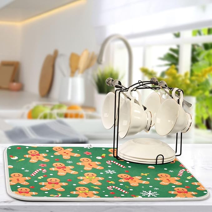 Christmas Gingerbread Man Dish Drying Mat for Kitchen Countertop 18x24 Winter Snowflake Candy Cane Green Large Drying Mat Reusable Quick Dry Dish Sink Mats Easy Clean Decorative Essentials