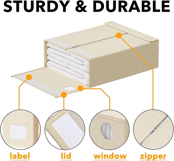 SpaceAid 5 Pack Bed Sheet Organizers and Storage, Foldable Sheet Organizer for Linen Closet, Sheets Set Folder Keeper with Window XL (Queen & King Size) Organizing Bedding Container, Beige