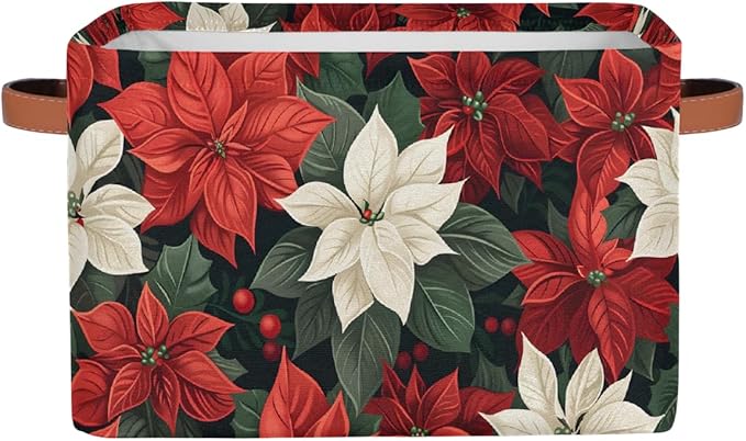 Storage Baskets Bin, Christmas Winter Poinsettia Collapsible Canvas Fabric Storage Bin Decorative Baskets Toy Organizer Rectangle Storage Boxes with Handles for Home Shelves Nursery, J-004