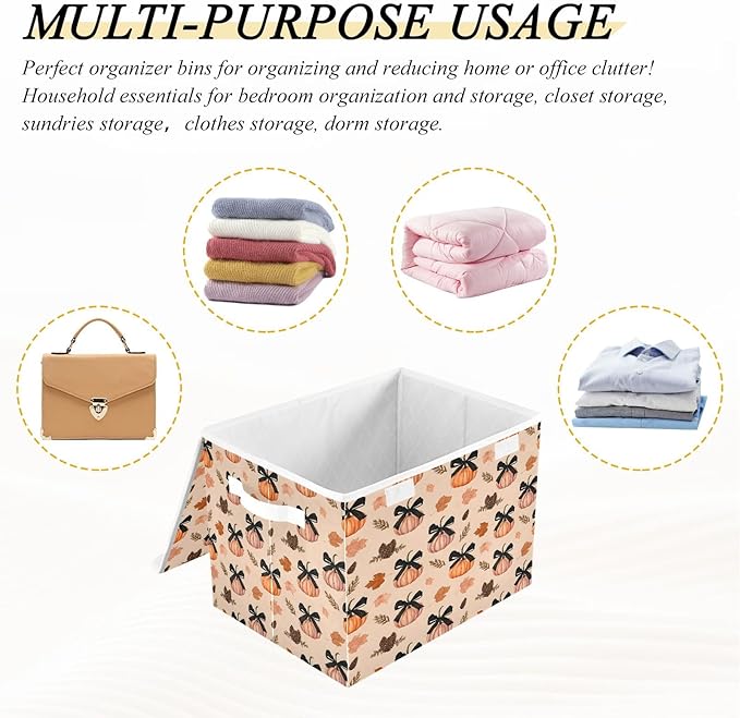 Bolaz Storage Bins with Lids and Handles,Pumpkin Black Bows Leave Pattern Storage Box Basket with Cover Collapsible Organizer Containers for Home Closet, Shelves