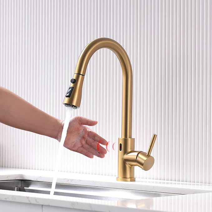 GIMILI Touchless Gold Kitchen Faucet with Pull Down Sprayer Motion Sensor Hands-Free Smart Activated Brushed Gold Brass Sink Faucets