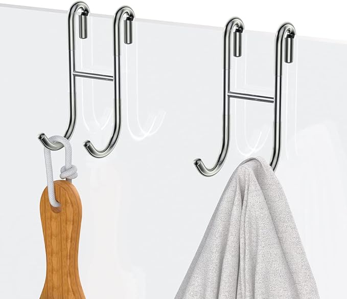 Over Shower Glass Door Hooks, 2 Pack Silver 304 Stainless Steel Shower Door Hooks, Bathroom Frameless Drilling-Free Hanger, Towel Hooks, for Bathing Suits, Robe, Towel, Squeegee, Loofah, Shaver