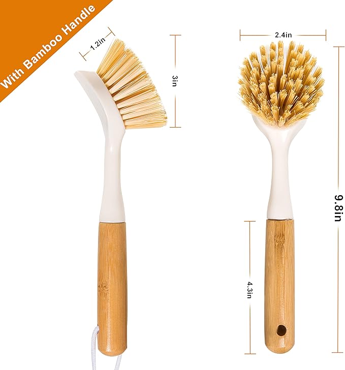 FunCee 2 Pack Kitchen Dish Brushes with Bamboo Handle, Dish Scrubber Built-in Scraper, Scrub Brush for Pans, Pots, Counter & Kitchen Sink Cleaning, Dishwashing and Cleaning Brush Tools, White
