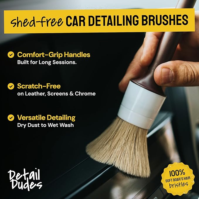 Detail Dudes Boar Hair Detailing Brush Set - 9-Pack - Includes Wheel, Tire Brush & Tire Dressing Applicator - Soft Boar Hair Bristles - Scratch-Free Car Wash - Crevice Tools for Vents & Emblems
