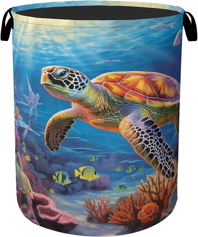 Sea Turtle Large Clothes Hamper Bag - Laundry Basket with Handles, Space Saving Foldable Design for Nursery