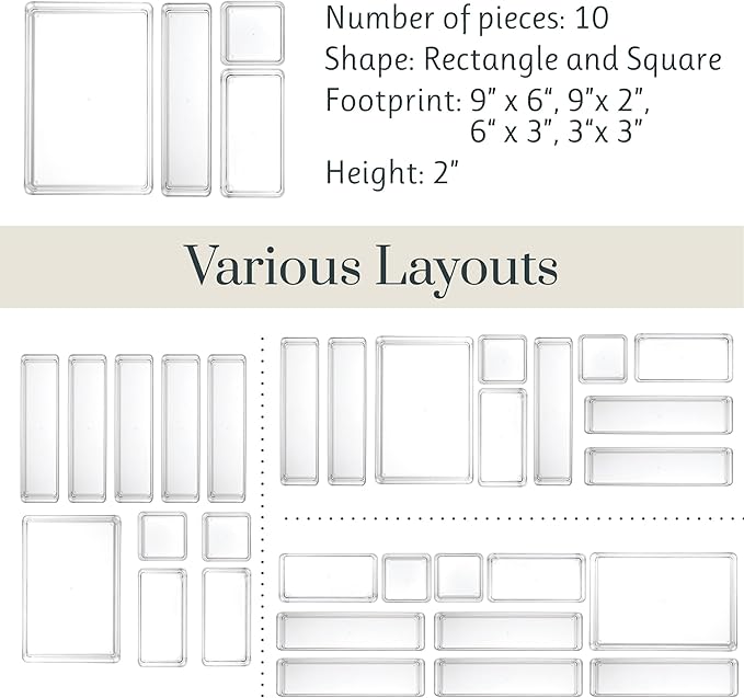 STORi SimpleSort 10-Piece Stackable Clear Drawer Organizer Set | Multi-size Trays | Makeup Vanity Storage Bins and Office Desk Drawer Dividers | Made in USA