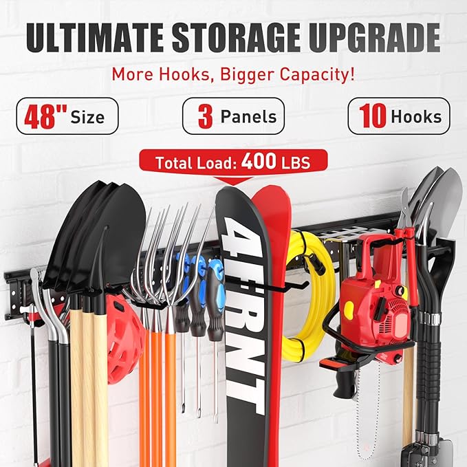ZICANYCO Garage Tool Organizer Wall Mount 48 inches with 10 Adjustable Heavy-Duty Hooks, Garage Organization, Garden Tool Storage Rack, Yard, and Shed, Holds Up to 400 lbs