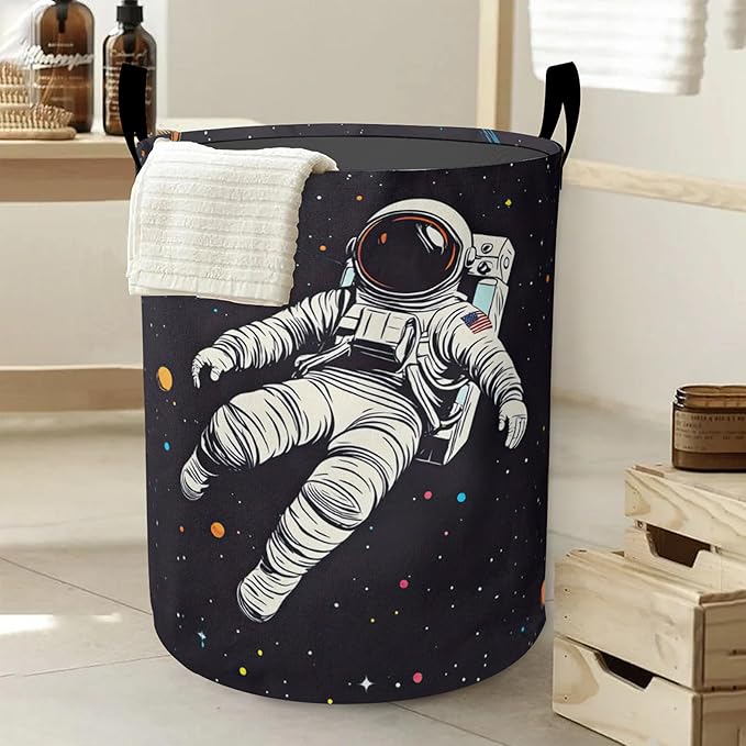 Astronauts in Space Laundry Basket-Large Foldable Hamper Holder Portable Tall Collapsible Laundry Hamper Storage Basket Bin with Handles, Canvas & Waterproof lining for Household Items