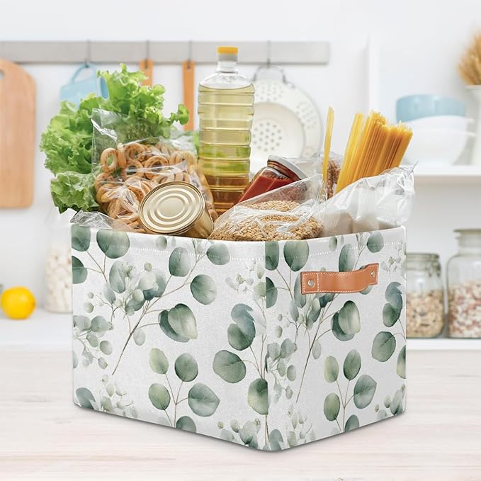 Eucalyptus Leaves Storage Basket for Shelves, Storage Bins with Handles, Collapsible Basket for Organizing, Closet Toy Baskets for Nursery Room, 15x11x9.5 in, Canvas, Sage Green
