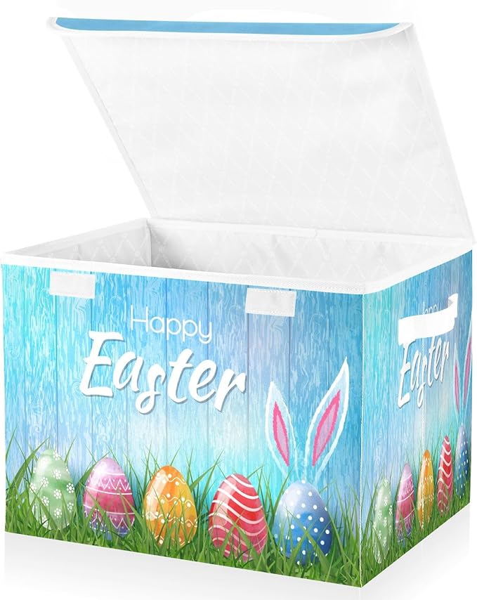 Easter Baskets Collapsible Storage Bins with Lids, Happy Easter Bunny Eggs Storage Boxes Clothes Baskets for Organizing