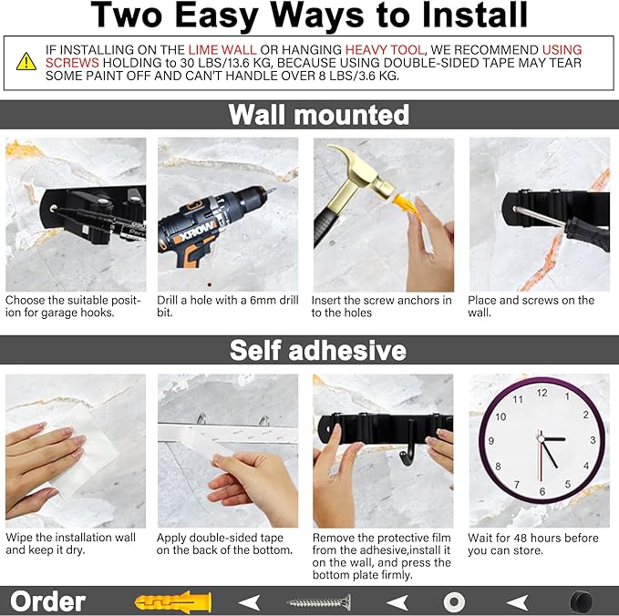 2 Packs 5 Racks and 4 Hooks Mop and Broom Holder Wall Mount, SUS304 Heavy Duty Broom Organizer Storage Tool Racks, Self Adhesive Solid Non-slip Tool Hangers for Home Kitchen Garden Laundry Garage