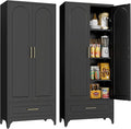 Metal Storage Cabinet with Doors and Shelves, 75" Tall Kitchen Pantry Storage Cabinets with Drawer, Black Pantry Cabinet, Steel Office Cabinets, Large Cupboard- Assembly Required
