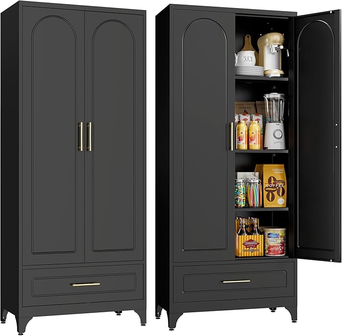 Metal Storage Cabinet with Doors and Shelves, 75" Tall Kitchen Pantry Storage Cabinets with Drawer, Black Pantry Cabinet, Steel Office Cabinets, Large Cupboard- Assembly Required