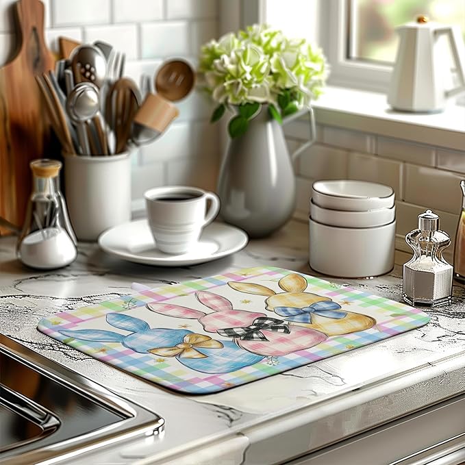 Wnoesat Easter Drying Mat for Kitchen Counter - 16x18 In, Multi-color (Buffalo Plaid), Microfiber & Composite Sponge, Cute Bunny Pattern, Absorbent Dish Drainer Mat