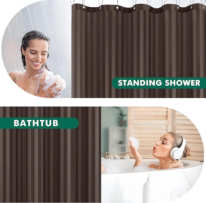 Biscaynebay Fabric Shower Curtain or Liner 72" by 72", Brown Water Repellent Damask Stripes Bathroom Curtains Machine Washable