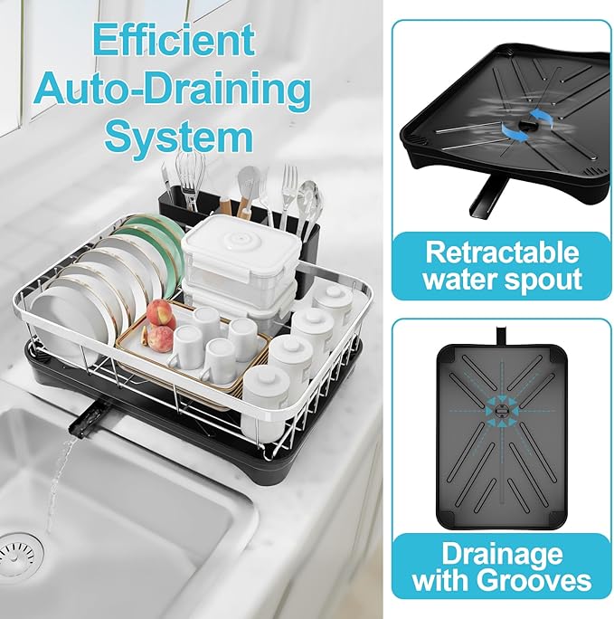 HOMEBOSILY Dish Drying Rack 304 Stainless Steel Dish Rack with Drainboard,Space Spaving Auto-Draining Drying Racks for Kitchen Counter,Large Capacity Dish Racks for Bowls, Cups, Dish Drainer Black