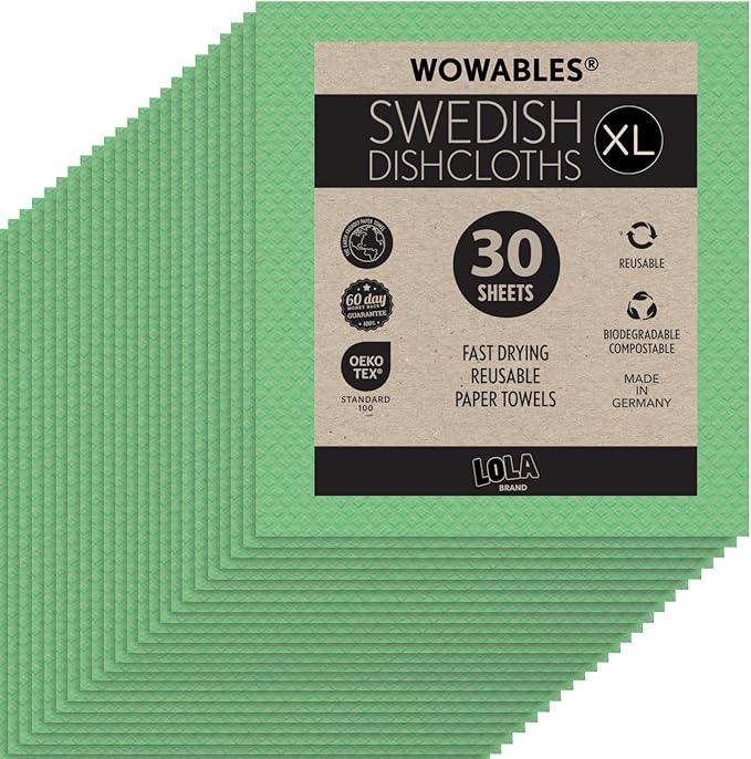 LOLA Swedish Dishcloths for Kitchen XL, 30 Sheet Roll, Biodegradable & Compostable, Reusable Paper Towel Cleaning Cloths, 11" x 10", No Odor, Washing Dishes, Ultra Absorbent Cellulose Sponge Towel